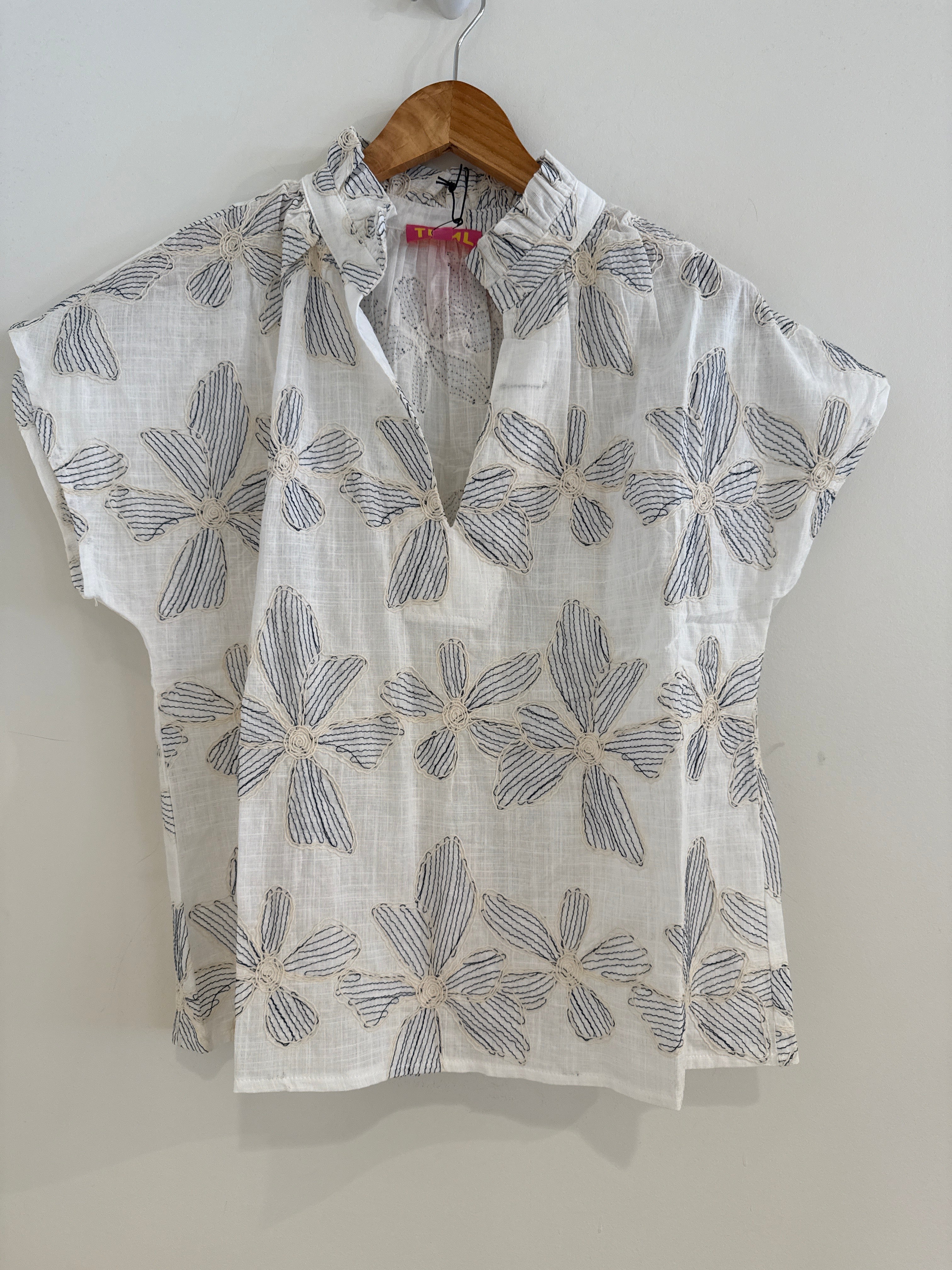 THML Cream Top With Navy Print, Cream Embroidery