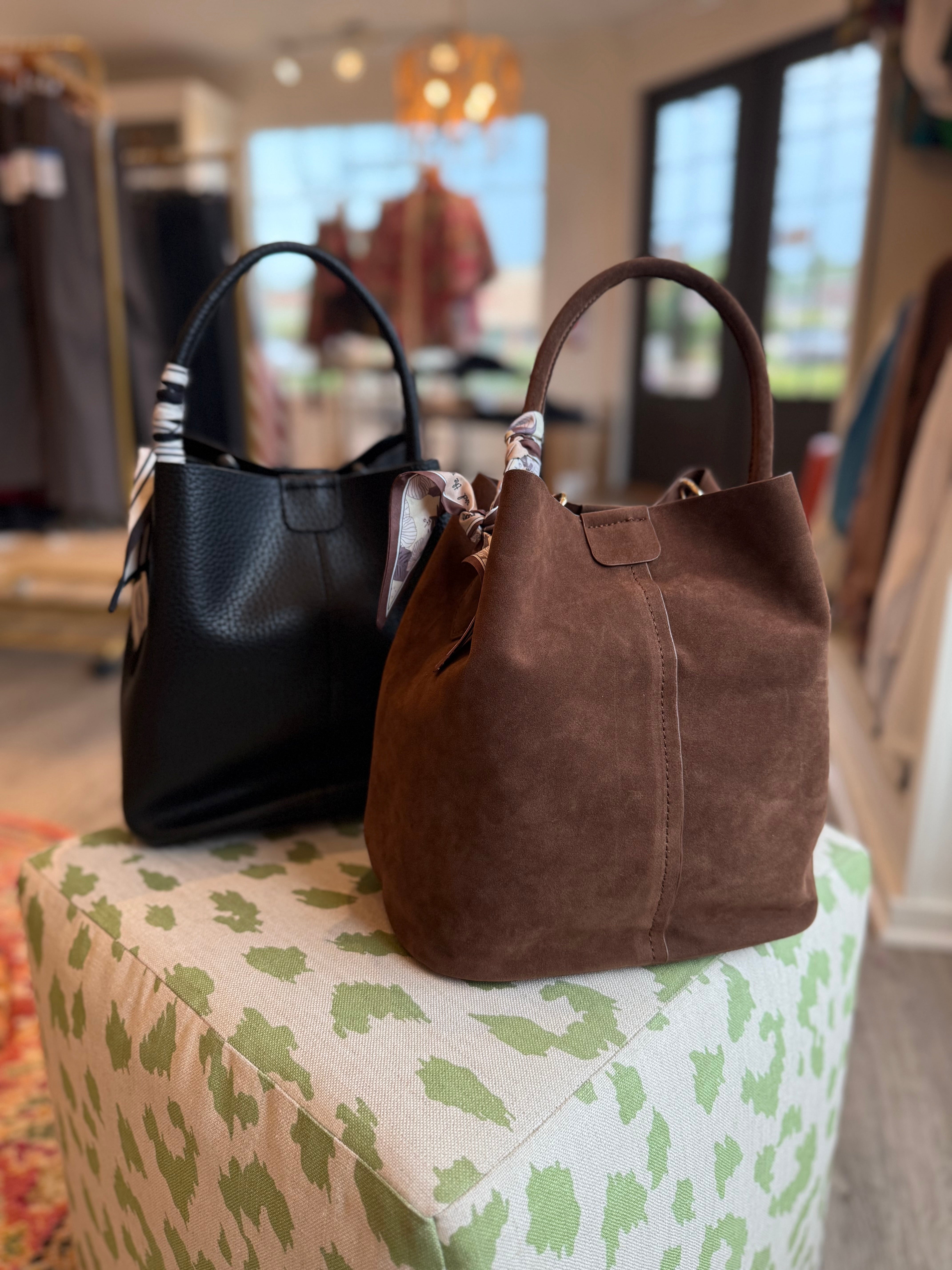 Bucket Handbag with Removeable Twilly and Crossbody Strap