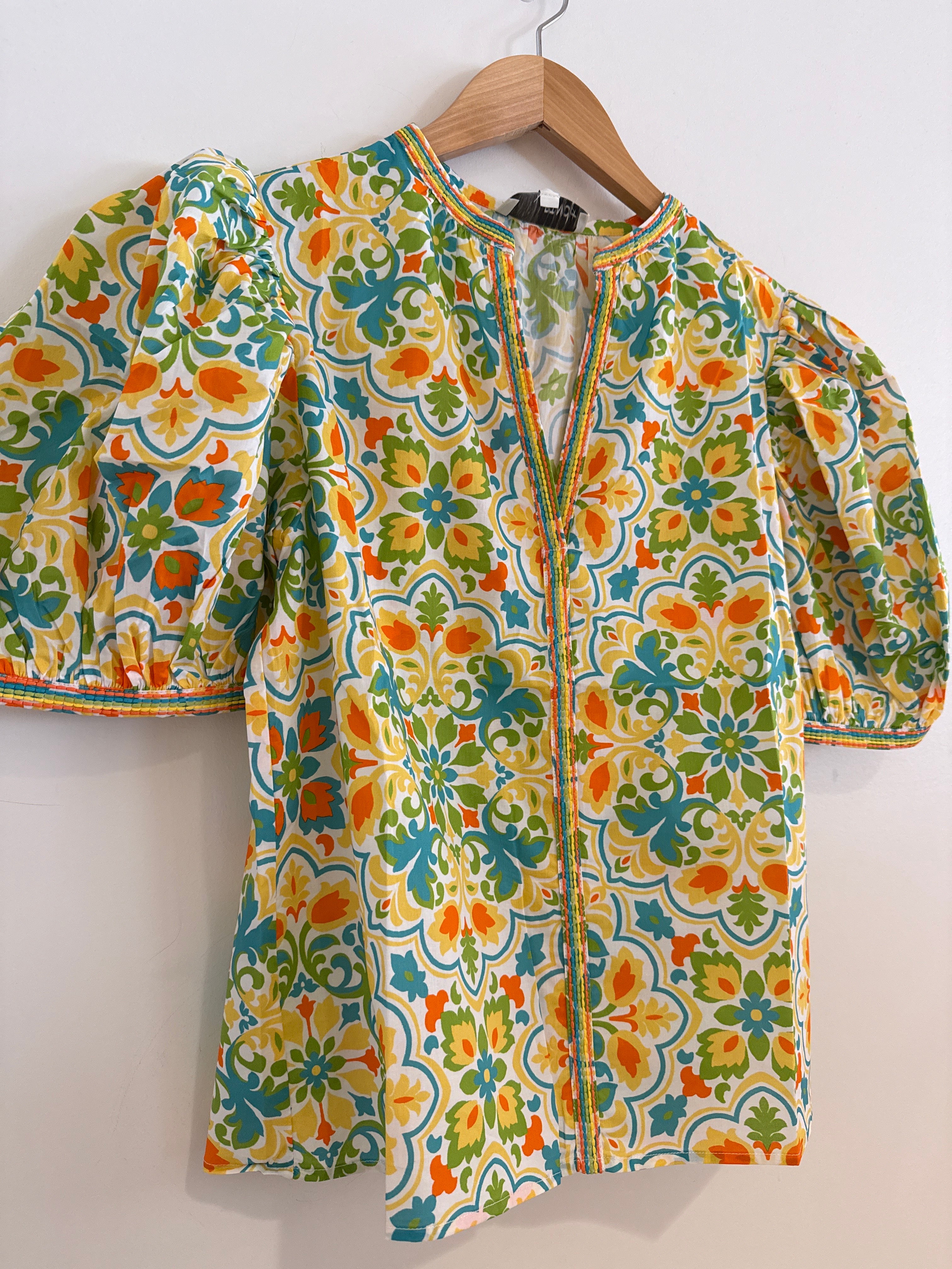 RR V Neck Embroidered Trim Top Yellow/Multi