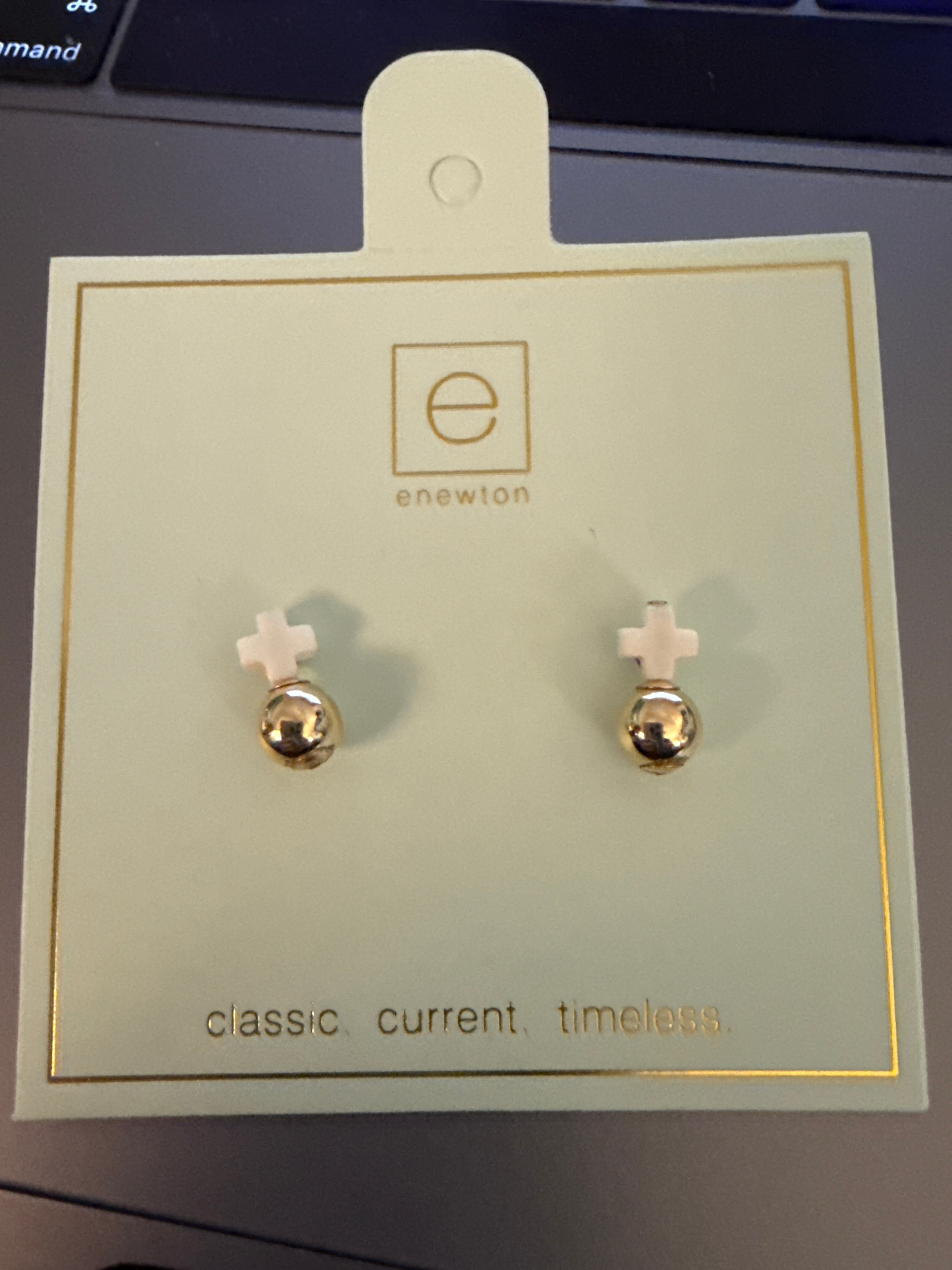 E Newton Signature Cross Small Off White Cross Stud