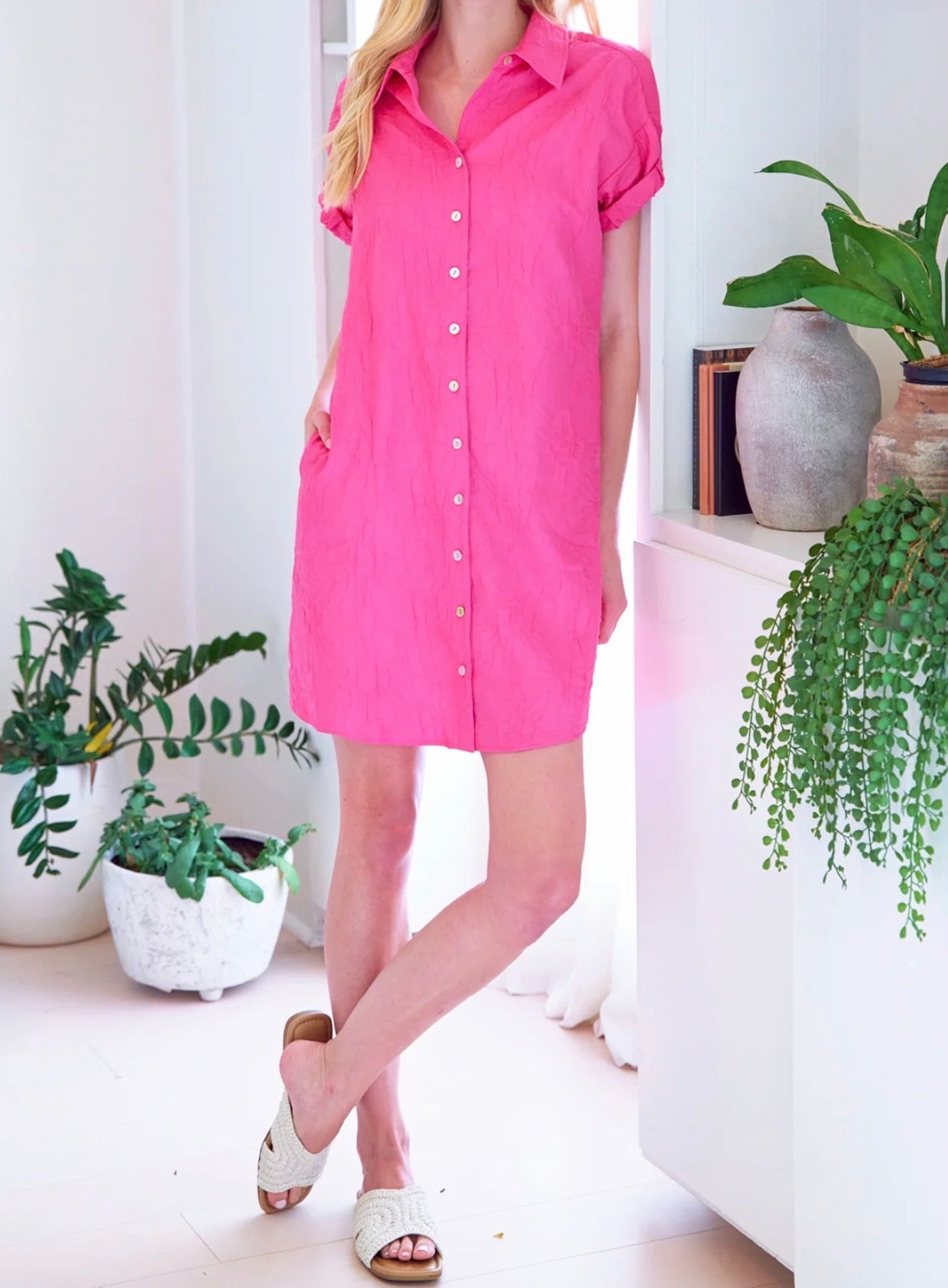 Finley Roll Sleeve Camp Dress Textured Jacquard Pink