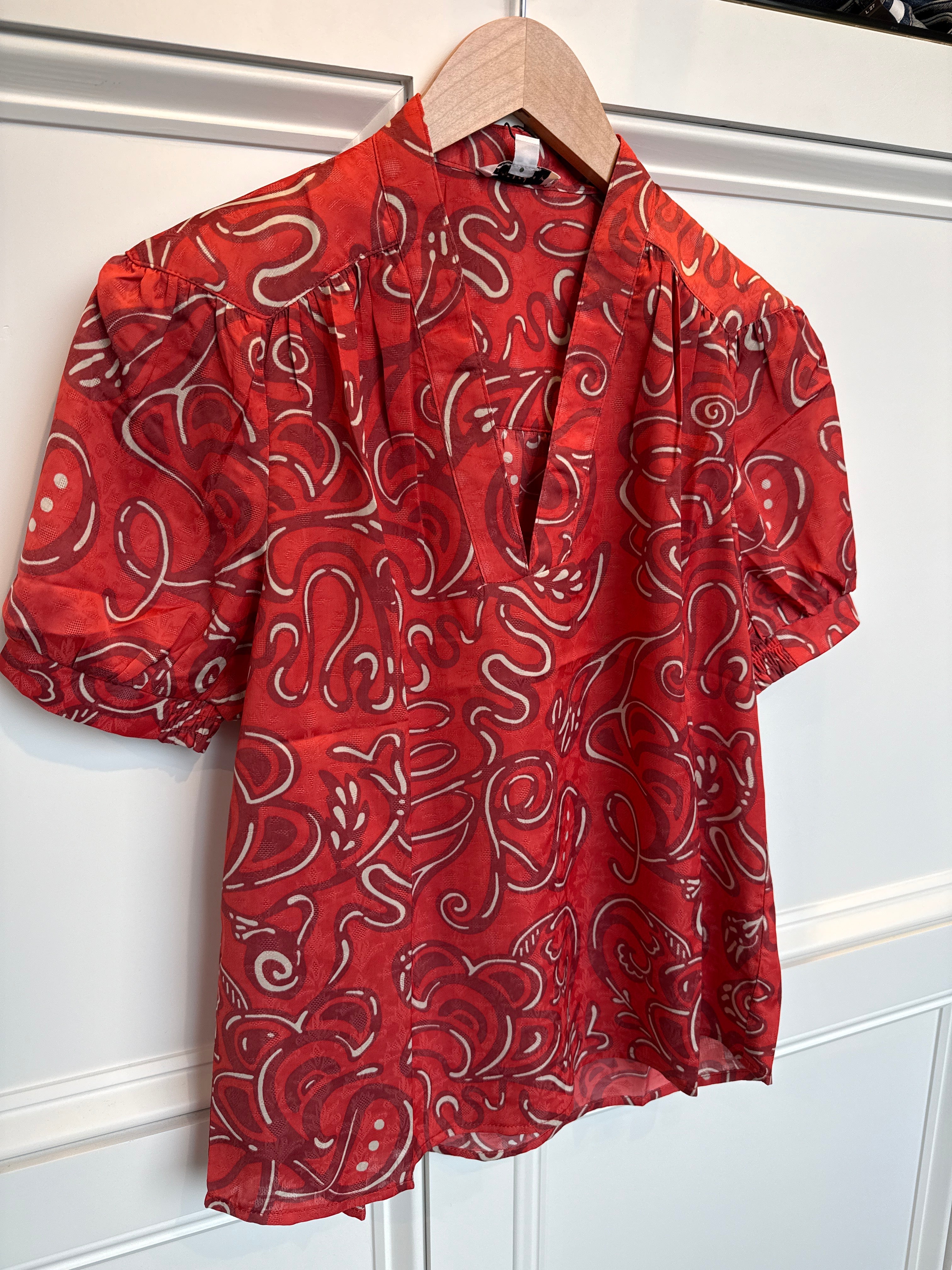 CA V Neck Top With Smocked Detail Red