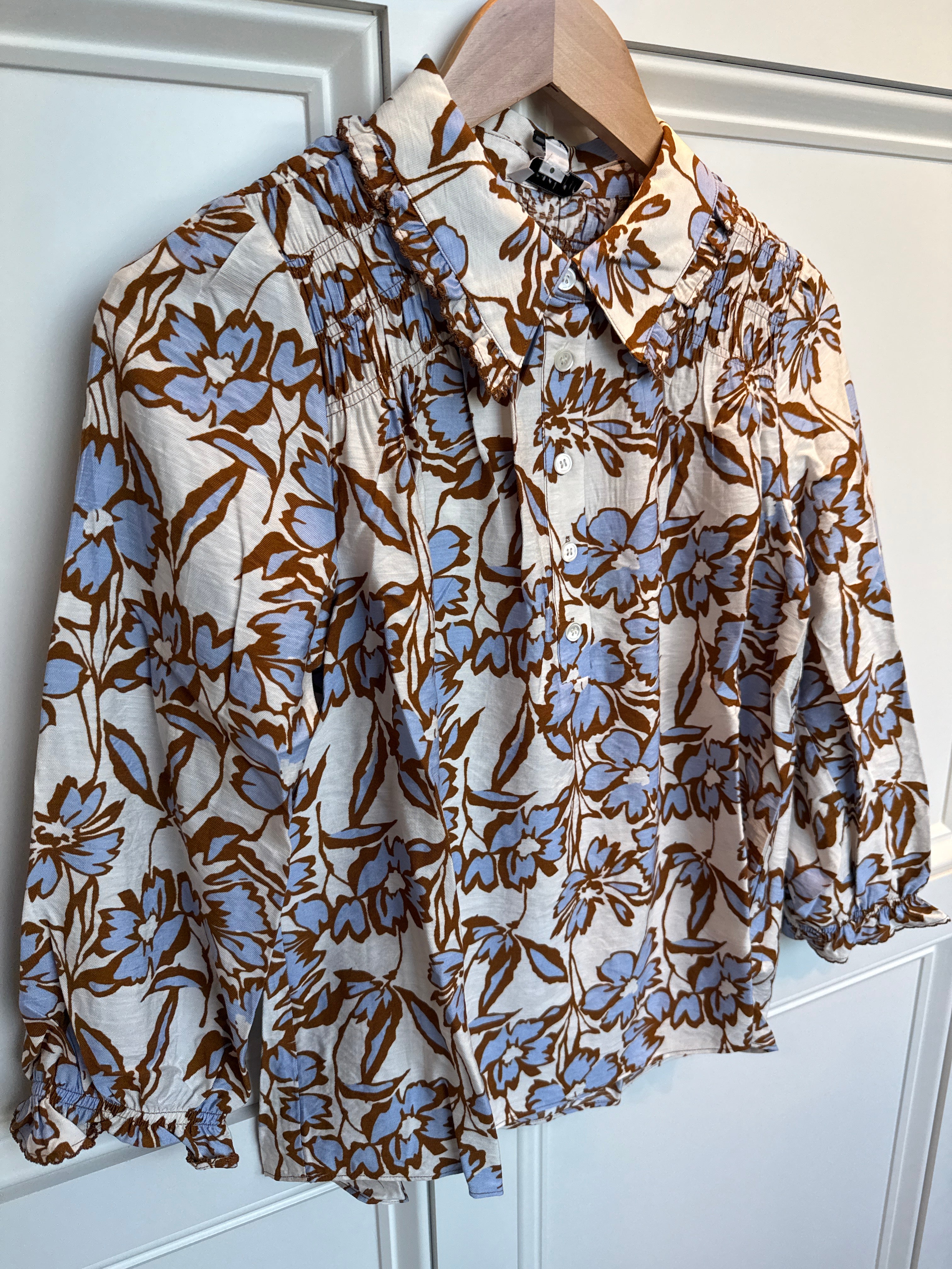 Ruffled Button Front Top Blue and Brown