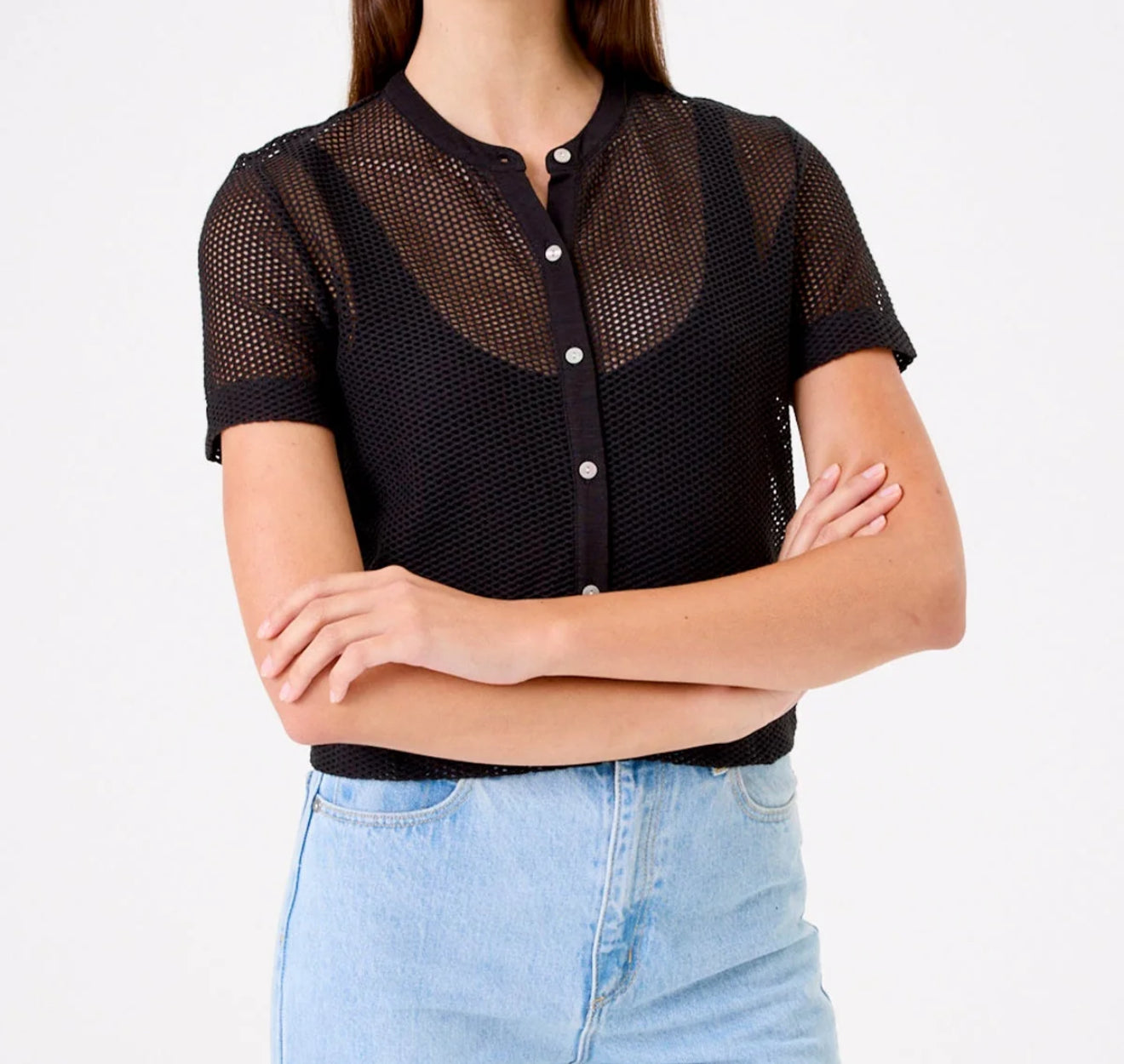Goldie Black Fishnet Button Down Top