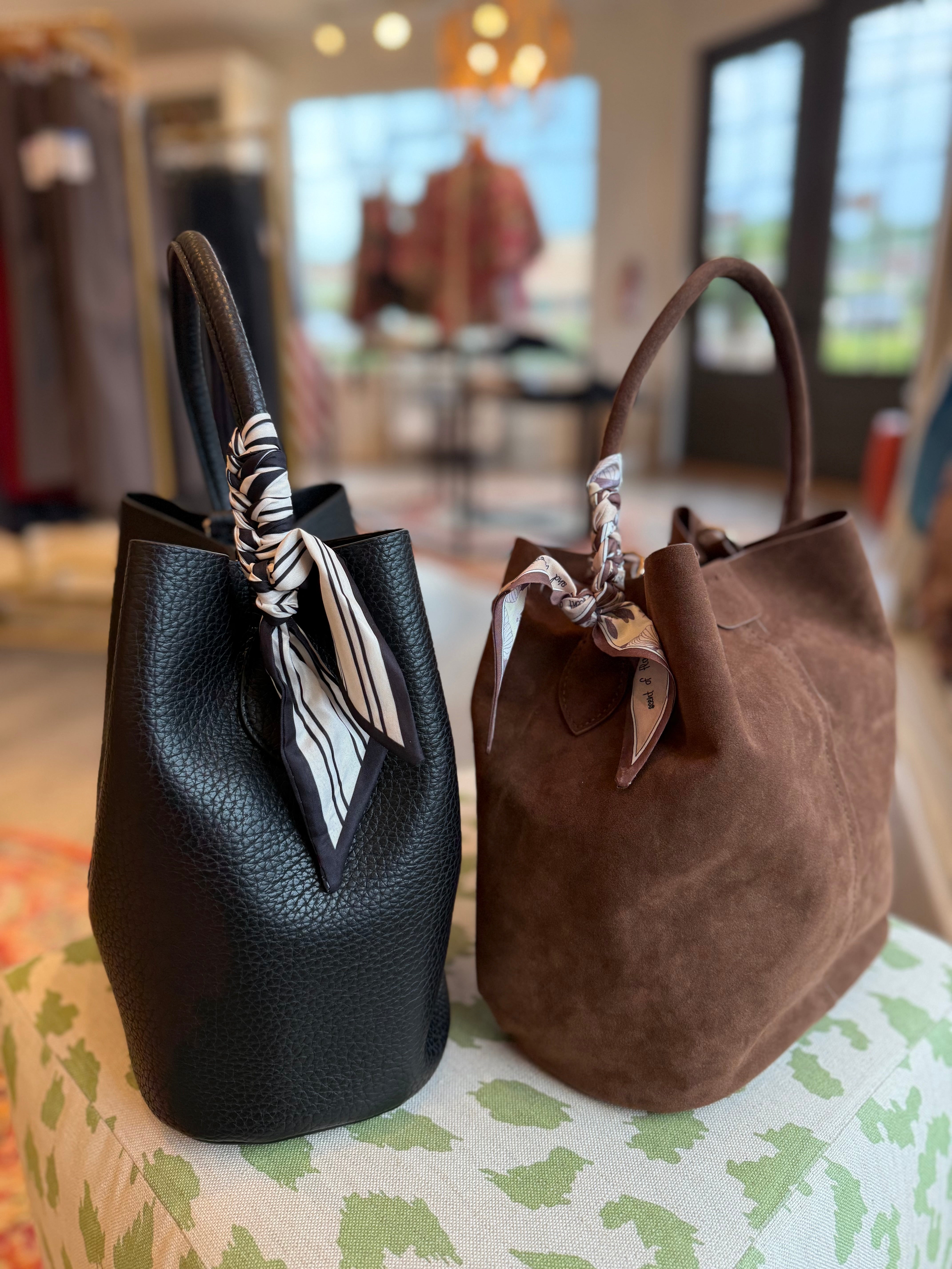 Bucket Handbag with Removeable Twilly and Crossbody Strap