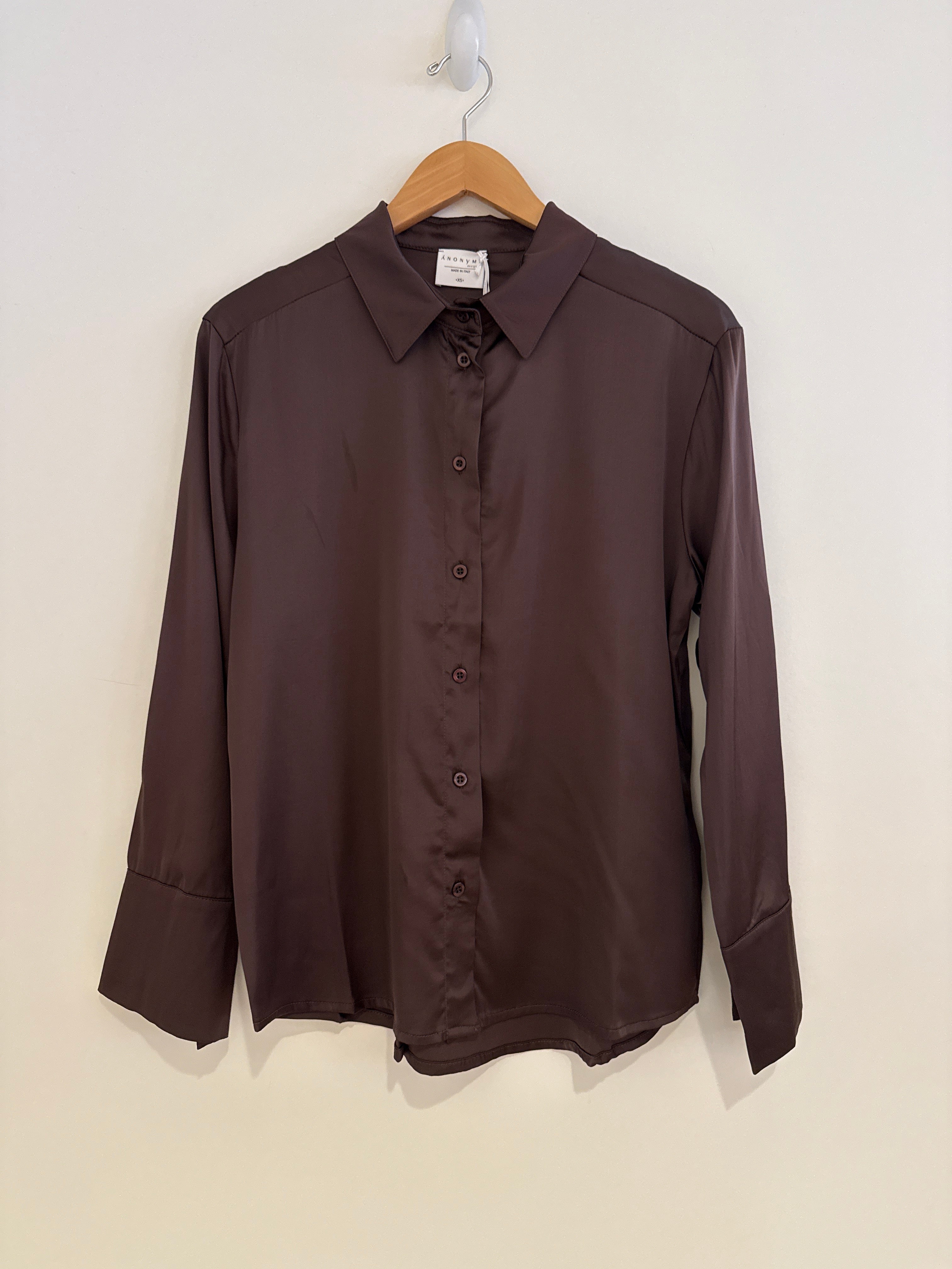 Anonyme Satin Button Down Blouse Chocolate