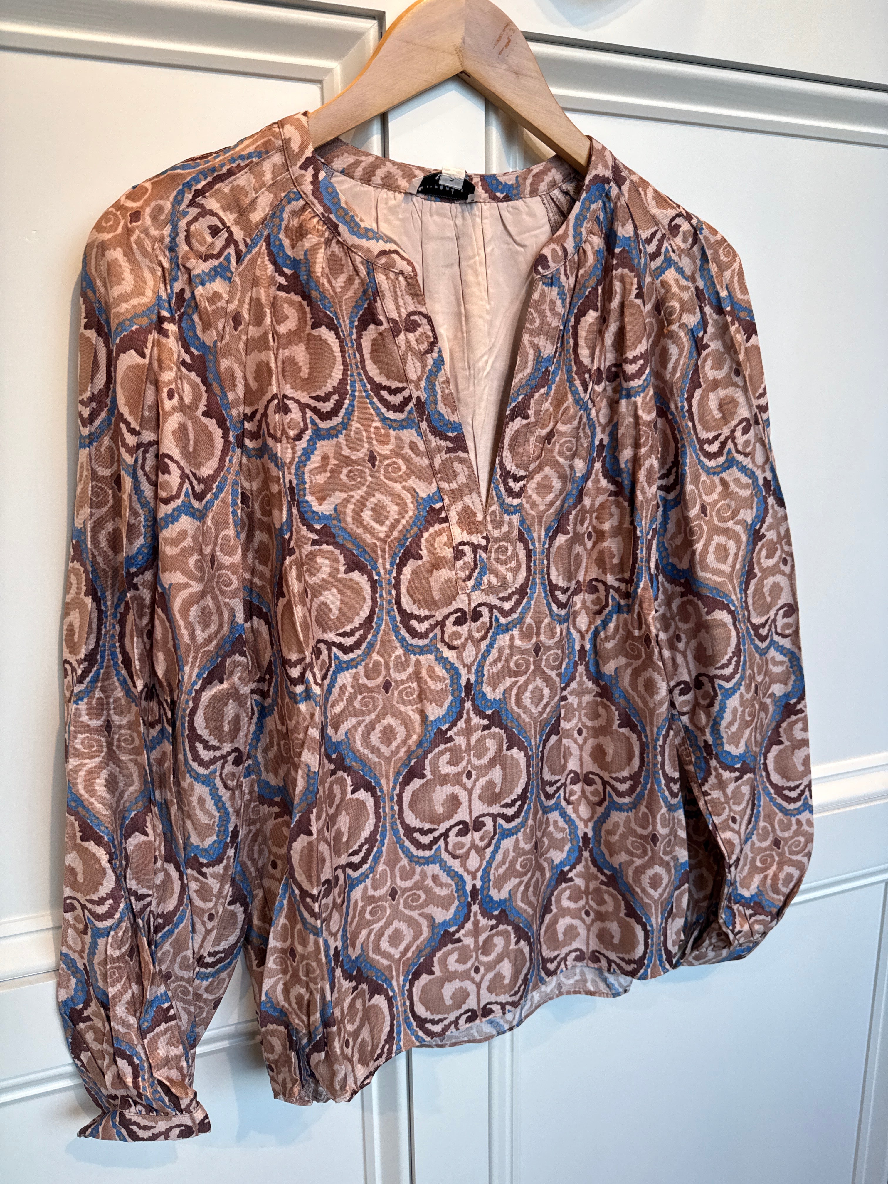 Print V Neck Top Brown/Blue