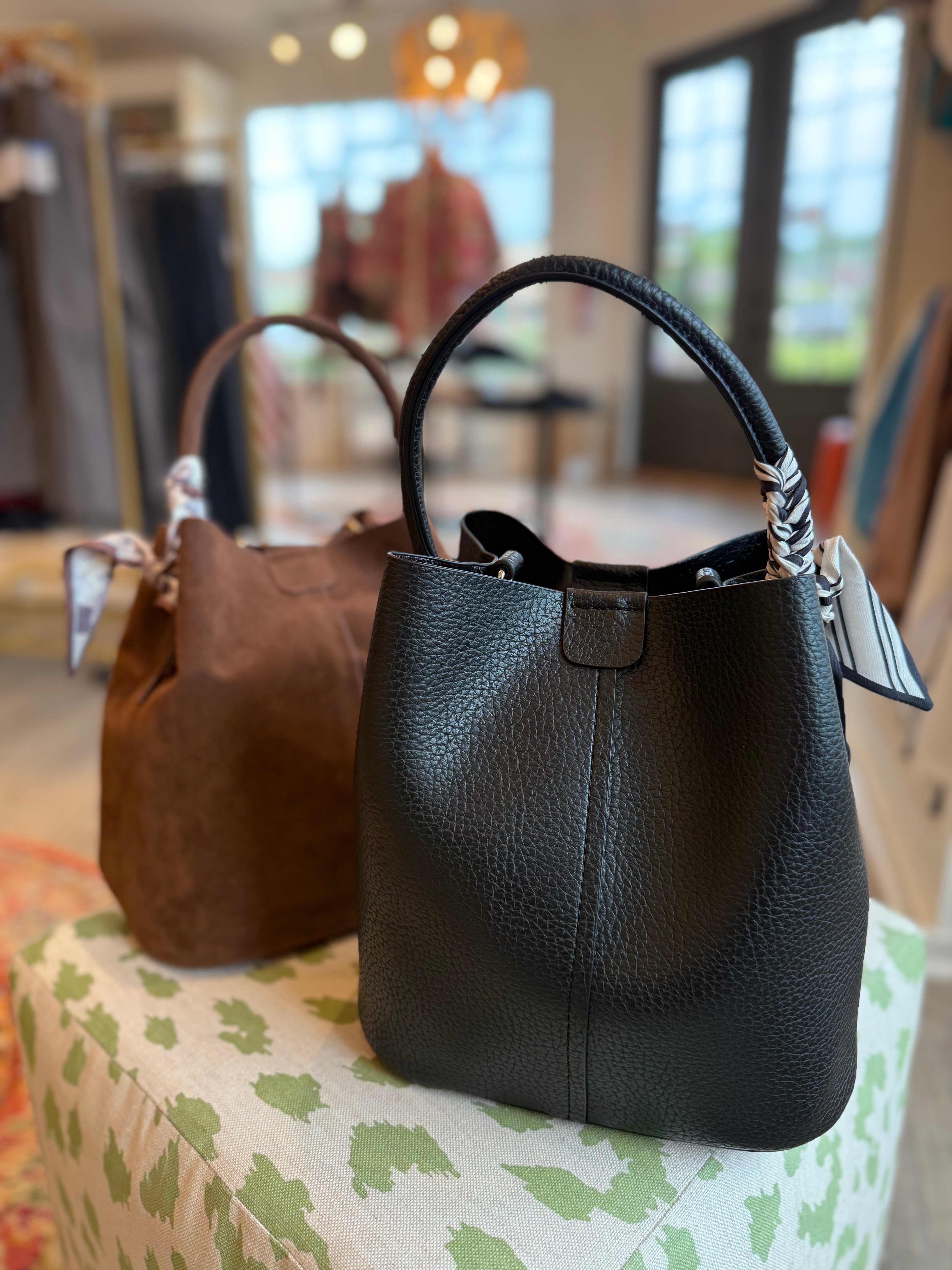 Bucket Handbag with Removeable Twilly and Crossbody Strap