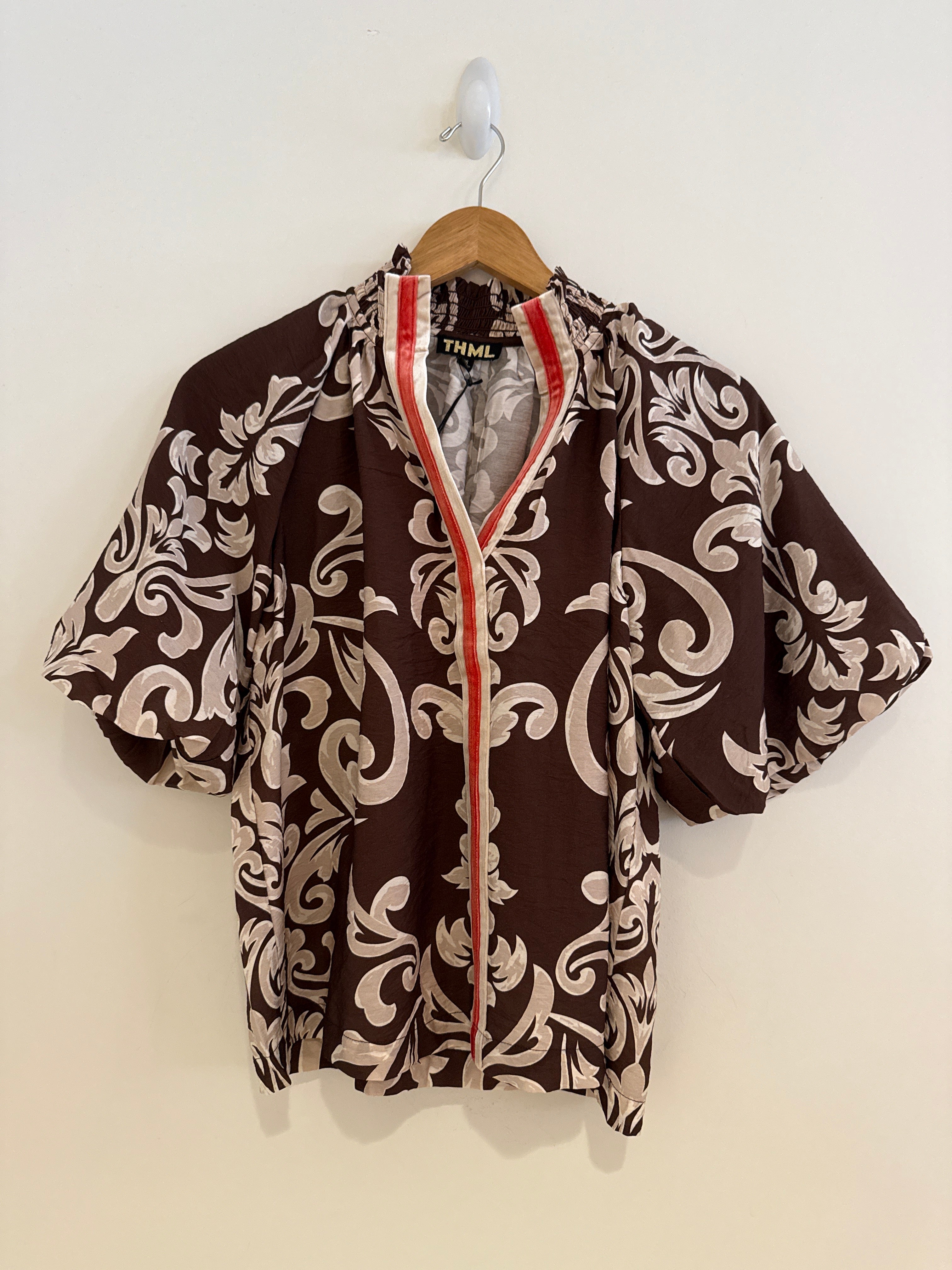 THML Chocolate Print Top With Stripe Detail