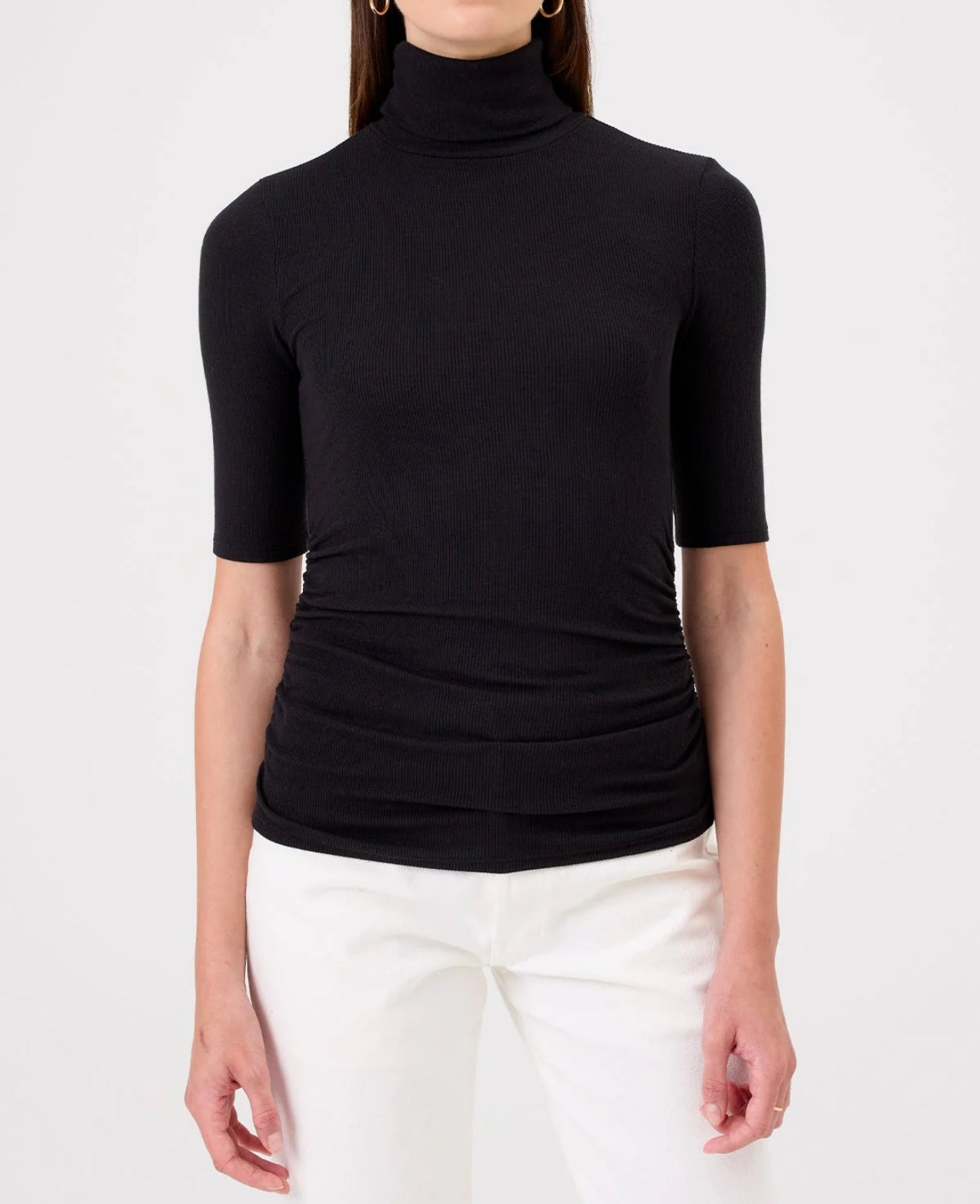 Goldie Tees Ribbed Modal Ruched Half Sleeve Turtleneck