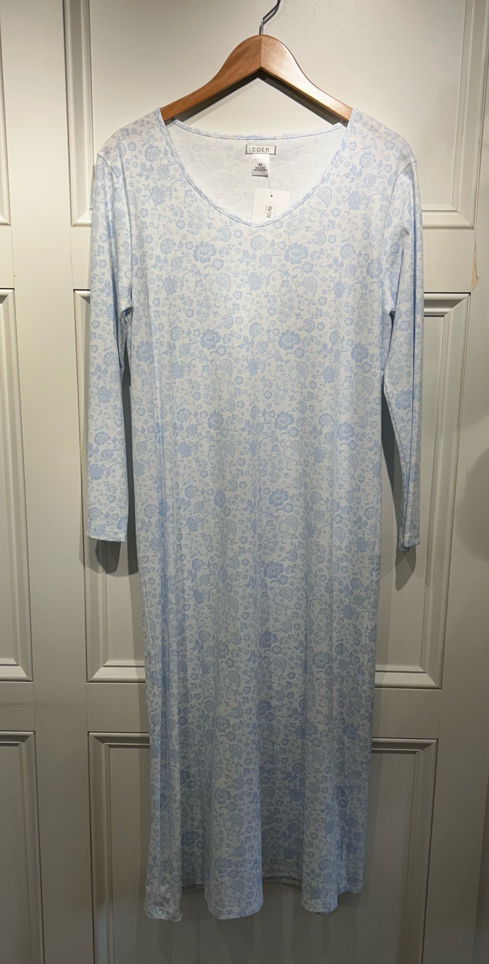 Cotn V Neck Long Gown Blue Floral