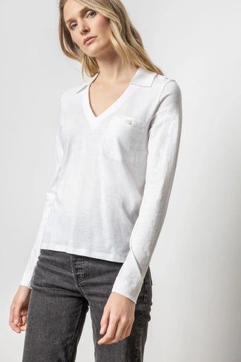 Lilla P Long Sleeve Collared V Neck Tee White