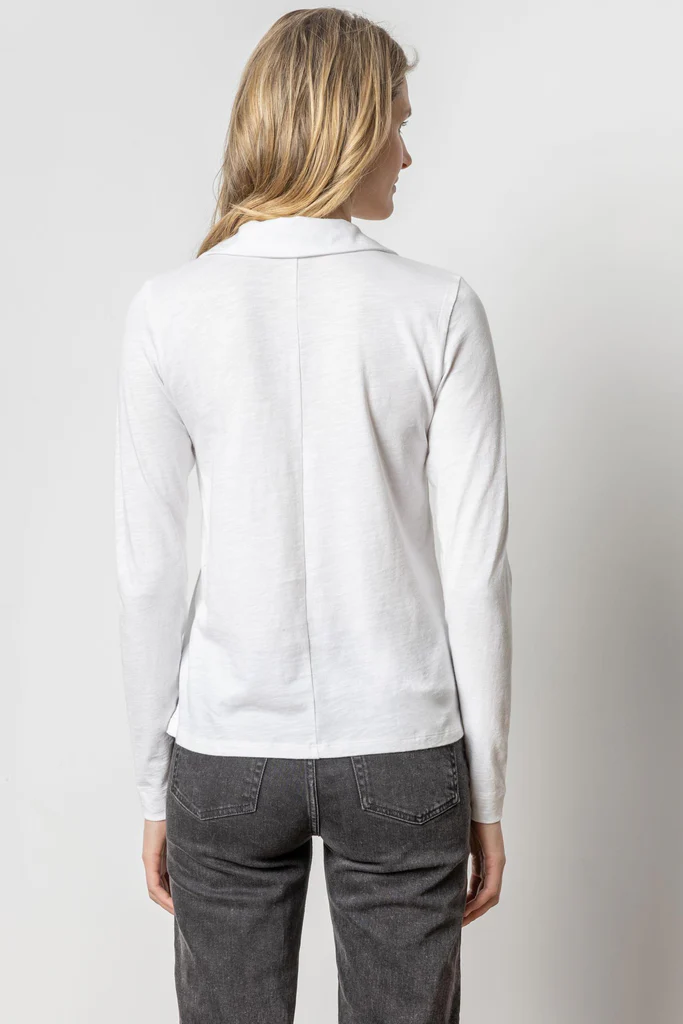 Lilla P Long Sleeve Collared V Neck Tee White