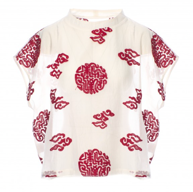 Anonyme Cream Top With Red Crewel Design